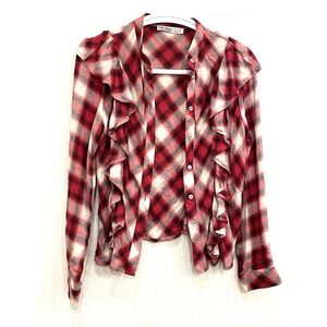 Zara Basic Denim Red Ruffle Plaid Button Up Flannel Shirt Size Small Fall Preppy